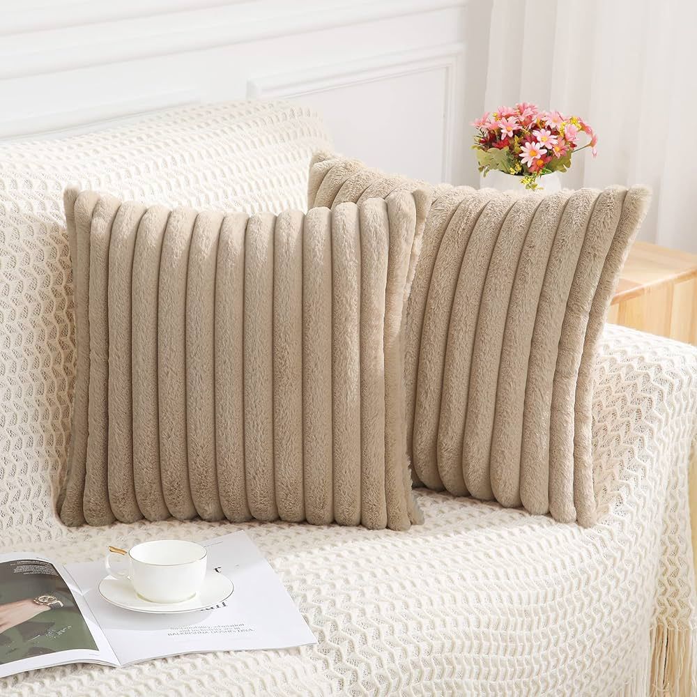 Pallene Faux Fur Plush Throw Pillow Covers 18x18 Set of 2 - Luxury Soft Fluffy Striped Decorative... | Amazon (US)
