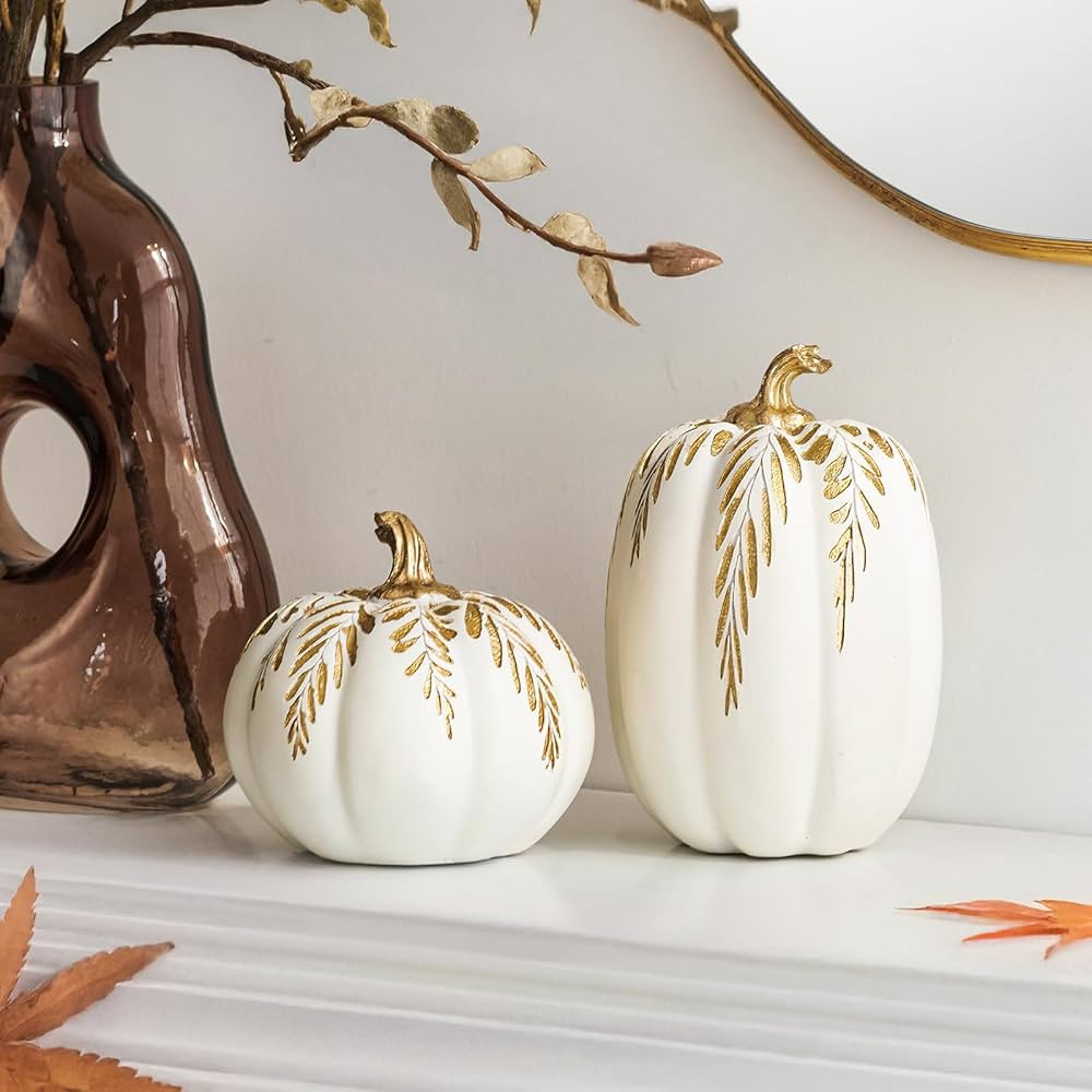 DN DECONATION Fall Pumpkin Decor, 2 PCS Resin Thanksgiving Fake Pumpkin Figurines, White Pumpkins... | Amazon (US)