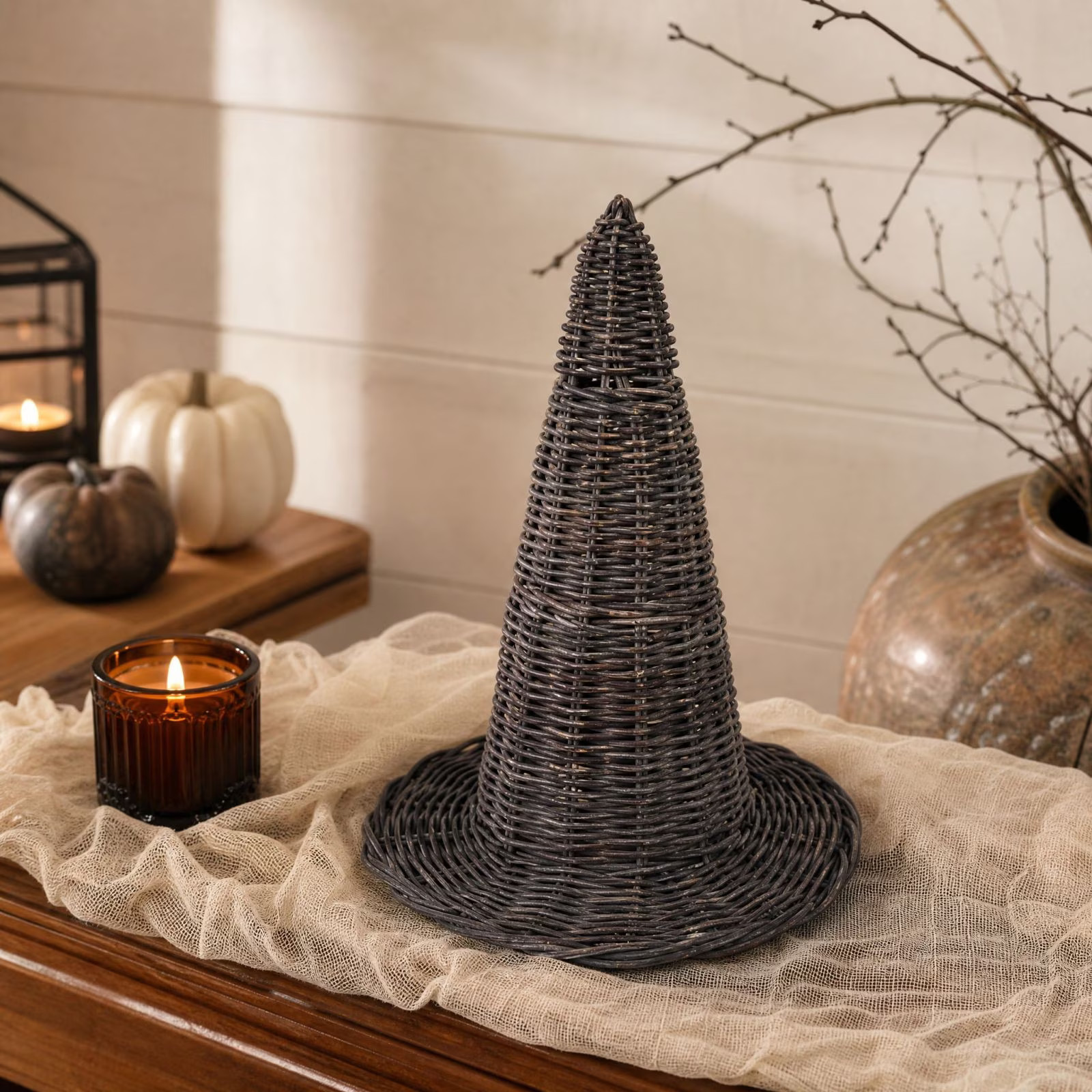 Halloween Woven Witch Hat Ornament, Wooden Wicker Witch Hat Decoration for Tables, Mantels and Home Decor, Spooky Halloween Party Centerpiece | Walmart (US)