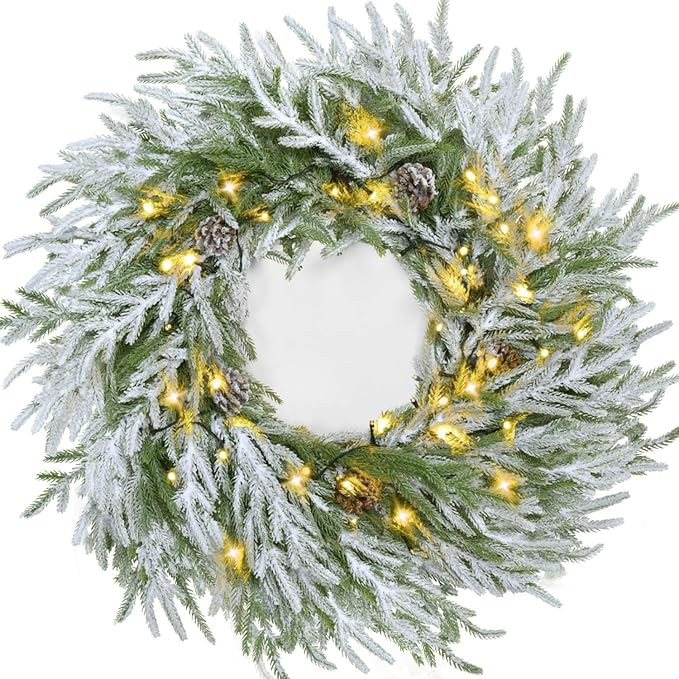 YoleShy 22" Christmas Wreath with Lights Real Touch Norfolk Pine Wreath with Snow & Pinecone Prel... | Amazon (US)