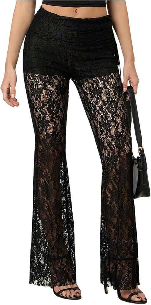 OYOANGLE Women's Drawstring Side Lace Sheer Flare Pants Y2K Gothic See Through Mesh Bell Bottom P... | Amazon (US)