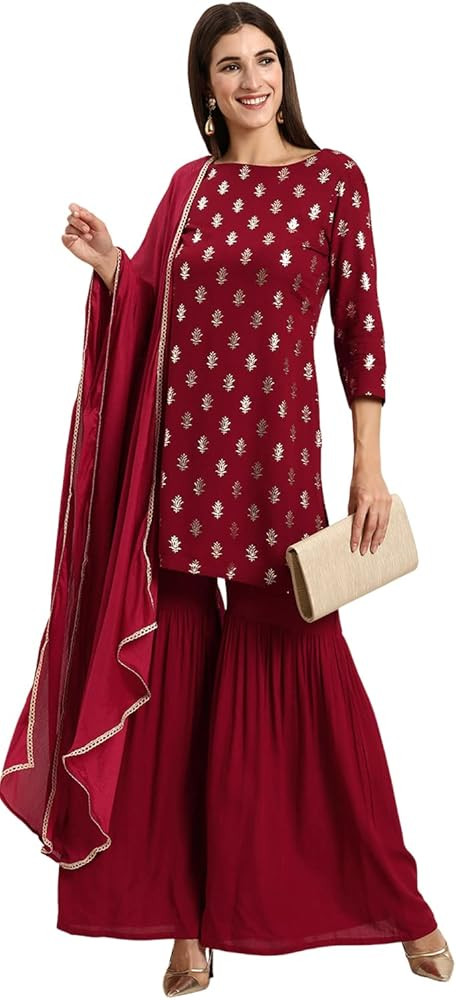 Janasya Valentines Day Gifts Maroon Rayon Kurti With Sharara And Dupatta | Amazon (US)