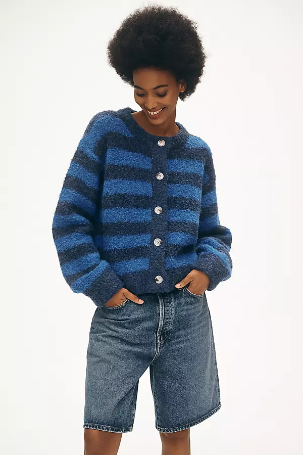 Crew-Neck Stripe Bouclé Cardigan Sweater | Anthropologie (US)