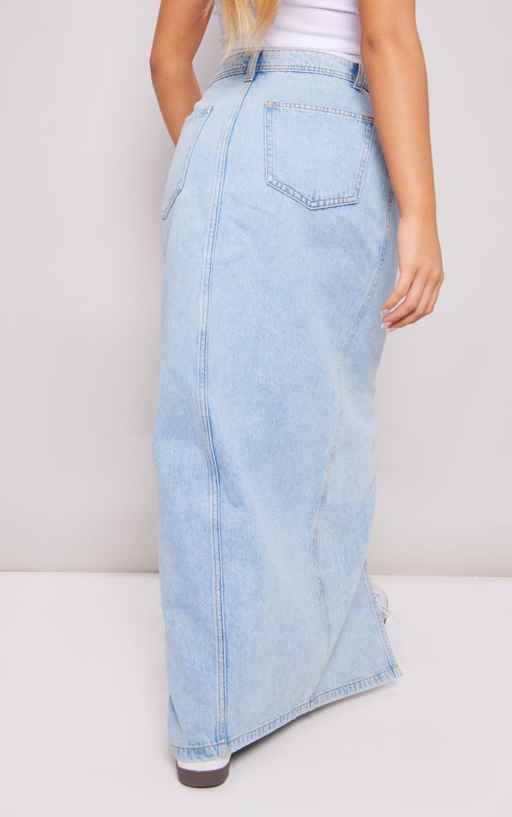 Light Blue Wash Split Front Denim Maxi Skirt | PrettyLittleThing CAN