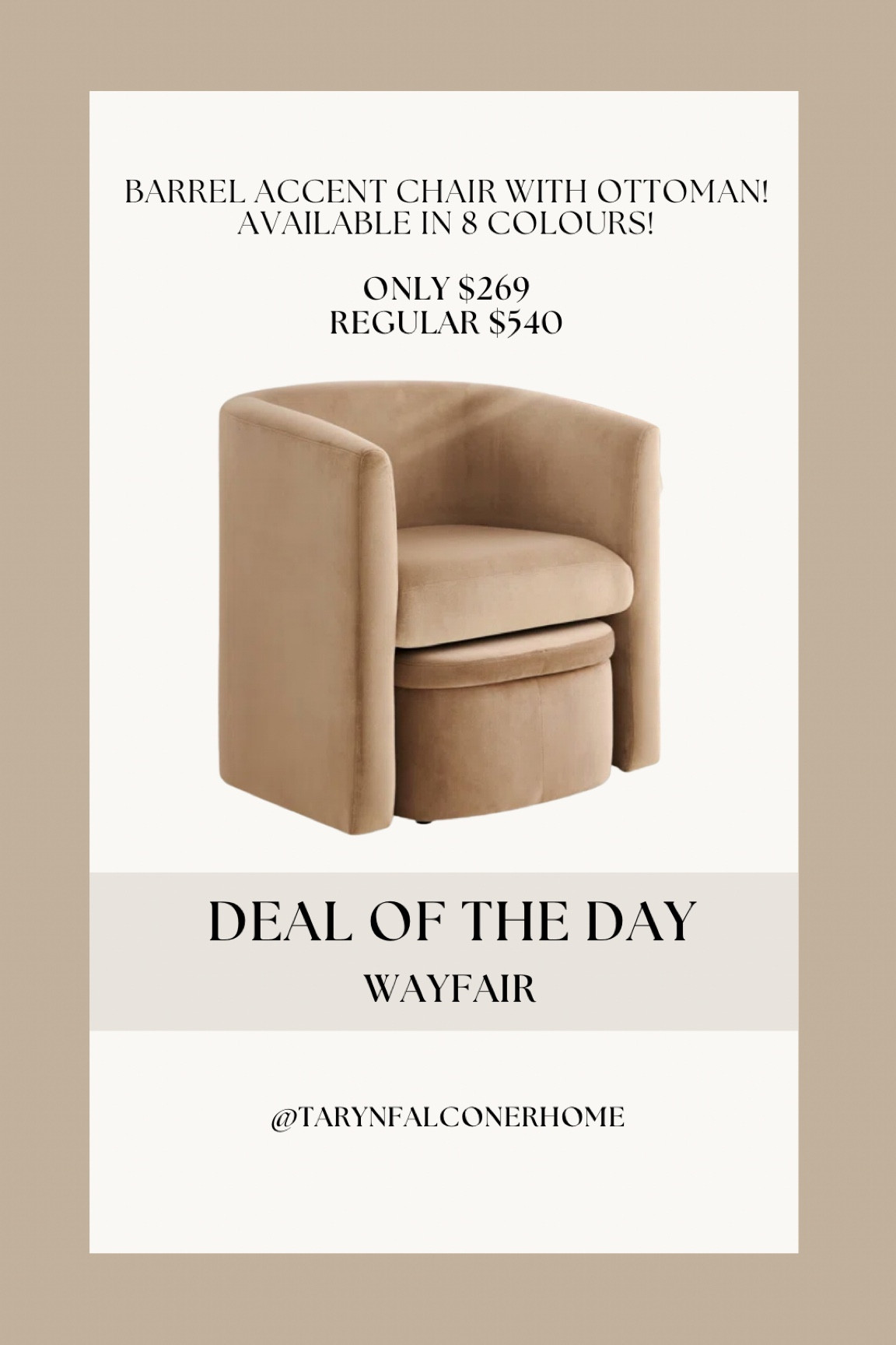 Barrel accent chair with ottoman!
Available in 8 colours!

#livingroom #accentchair #neutralhome #onsale

#LTKsale #LTKcasa

#LTKSaleAlert #LTKHome