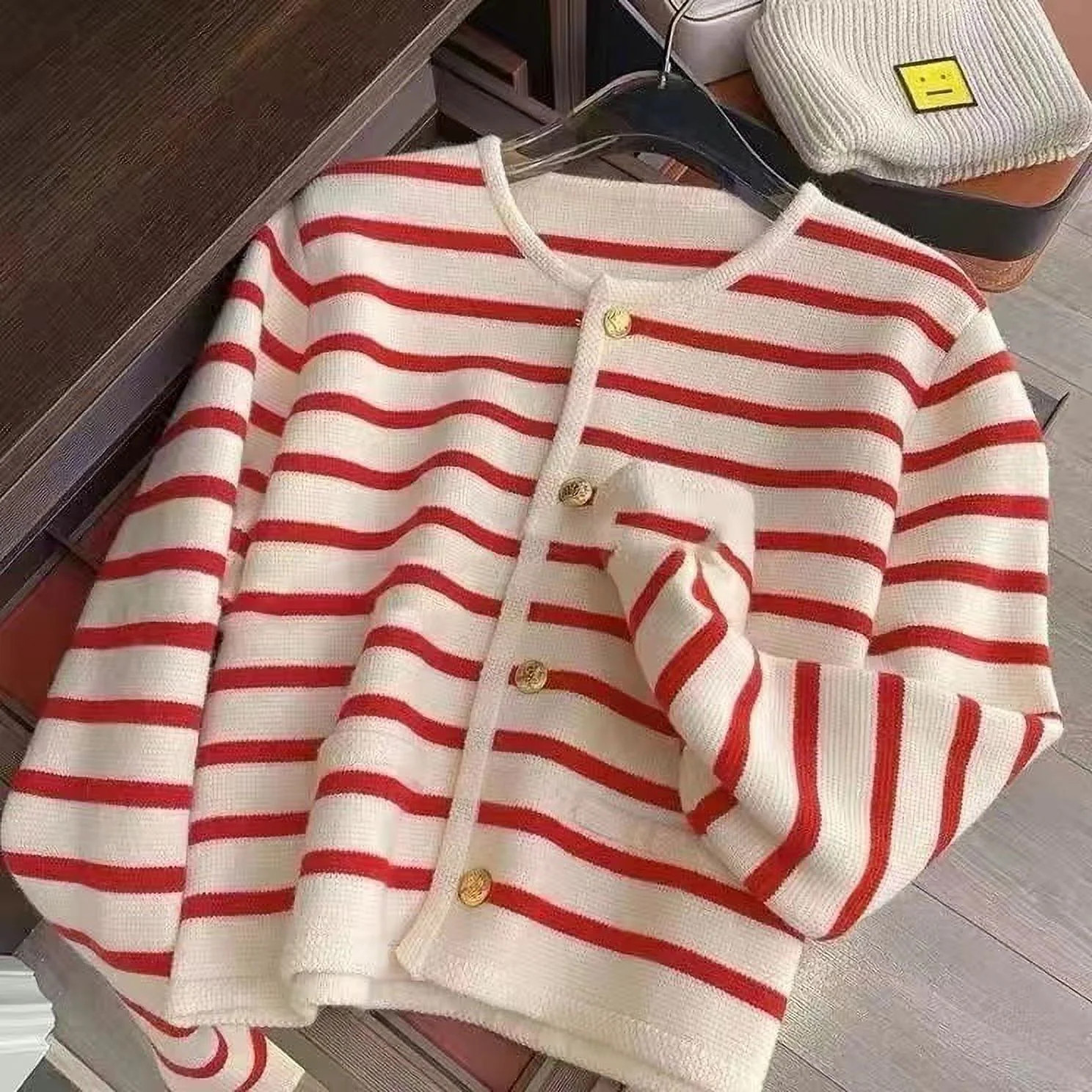 Red and white contrast color striped soft glutinous knitted top for women Autumn sweet age-reduci... | Walmart (US)