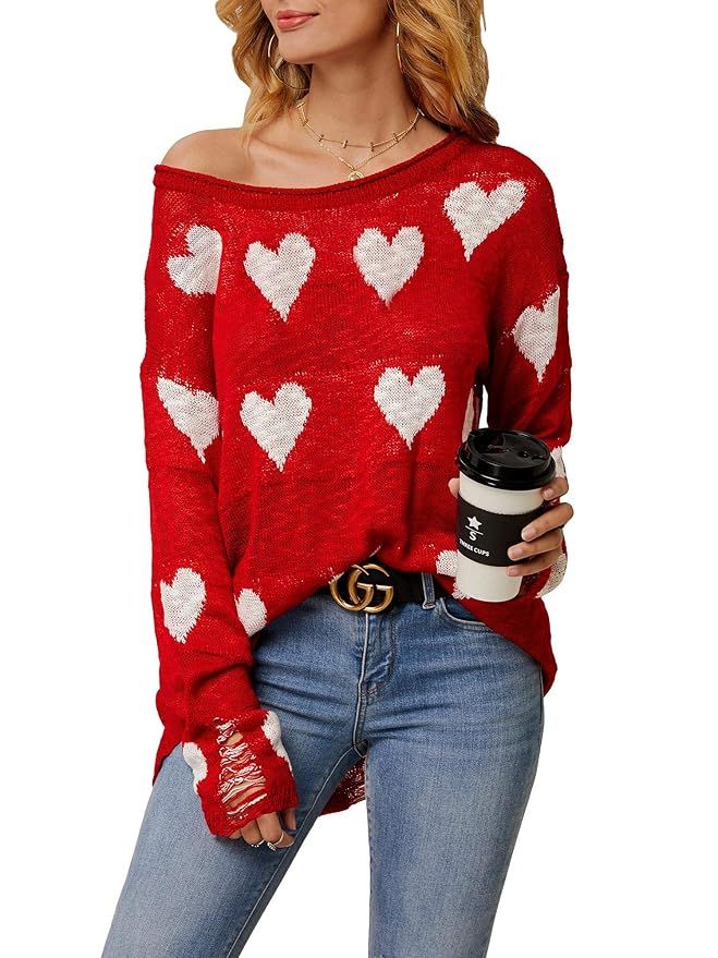 Chang Yun Women Off Shoulder Knitted Pullovers Sweater Loose Long Sleeve Hearts Printed Ripped To... | Amazon (US)