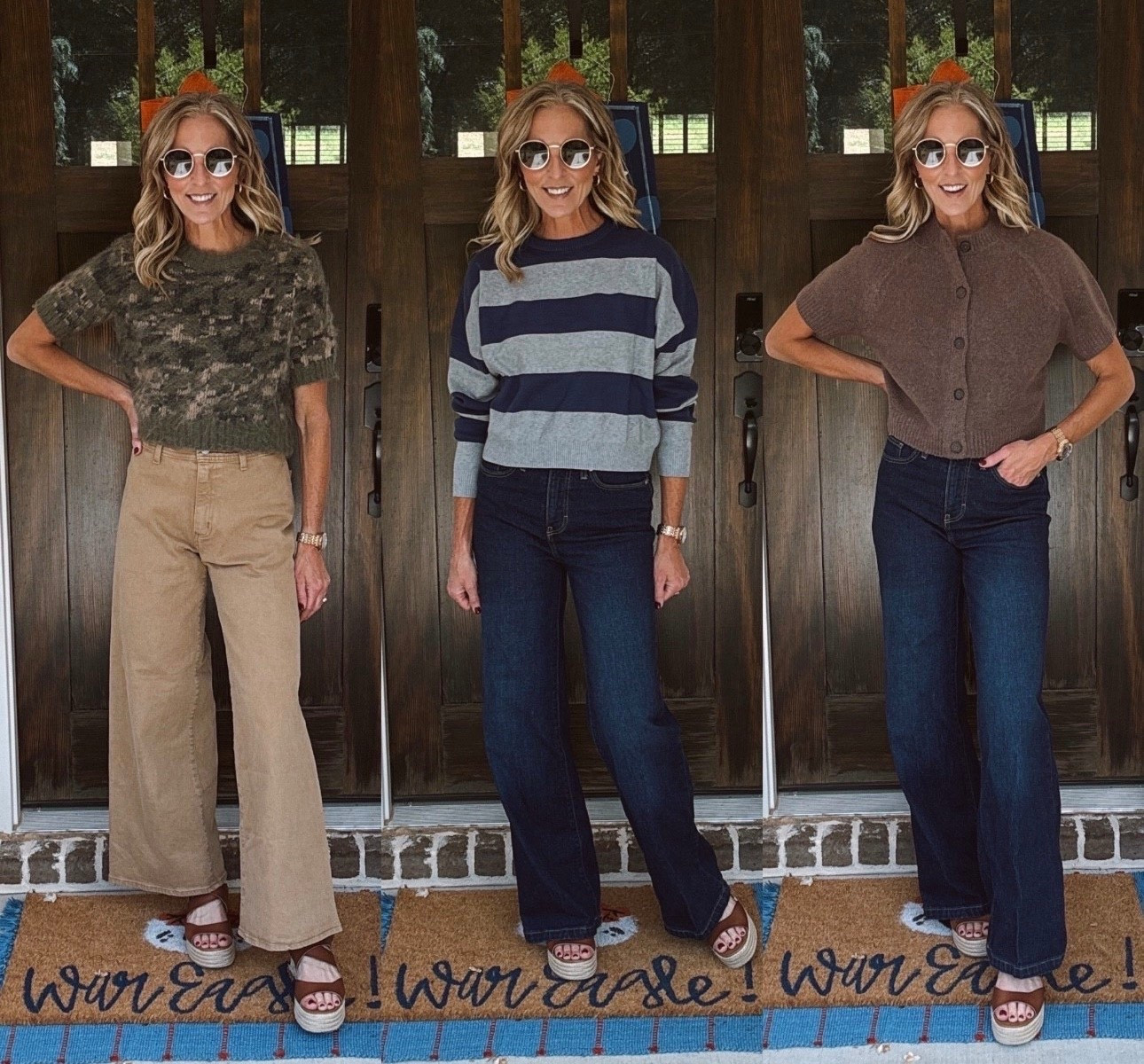 Looks this 49-year-old momma is loving—each under $30 and ready to breathe new life into September. Short sleeve sweaters are the unsung heroes of fall… light enough for now, cozy enough for later. Which one’s your pick?”

-Size up on the camo sweater I am wearing a size medium.
- wearing a size small in the other sweaters. 
- all come in multiple color options. 
- size 0 in jeans 
- size 4 in Target pants. (Size up)  