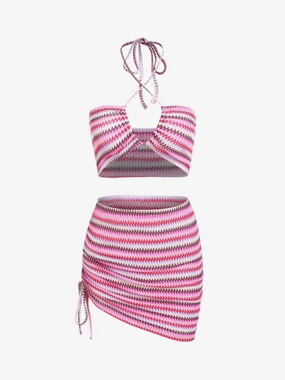 ZAFUL Zig-zag Stripes Criss Cross Halter Cinched Two Piece Dress | ZAFUL (Global)
