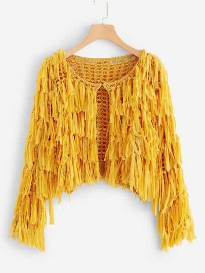 SHEIN Hook and Eye Closure Layered Fringe Cardigan | SHEIN