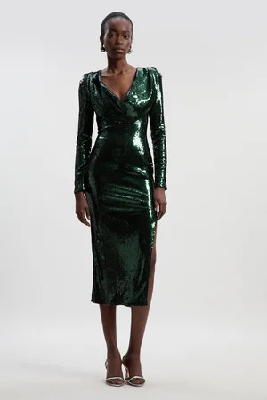Sequin Plunge Cowl Neck Strong Shoulder Long Sleeve Midi Dress | Karen Millen US