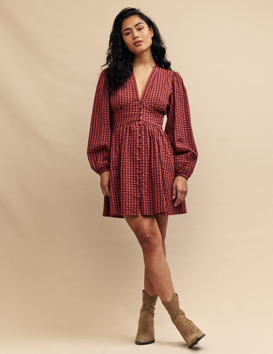 Brown Gingham Starlight Long Sleeve Mini Dress | Nobody's Child