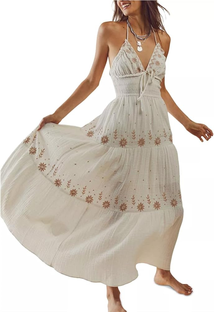 Argeousgor Boho Flowy Maxi Dress for Women Spaghetti Strap Open Back Embroidered Tiered Swing Sum... | Amazon (US)