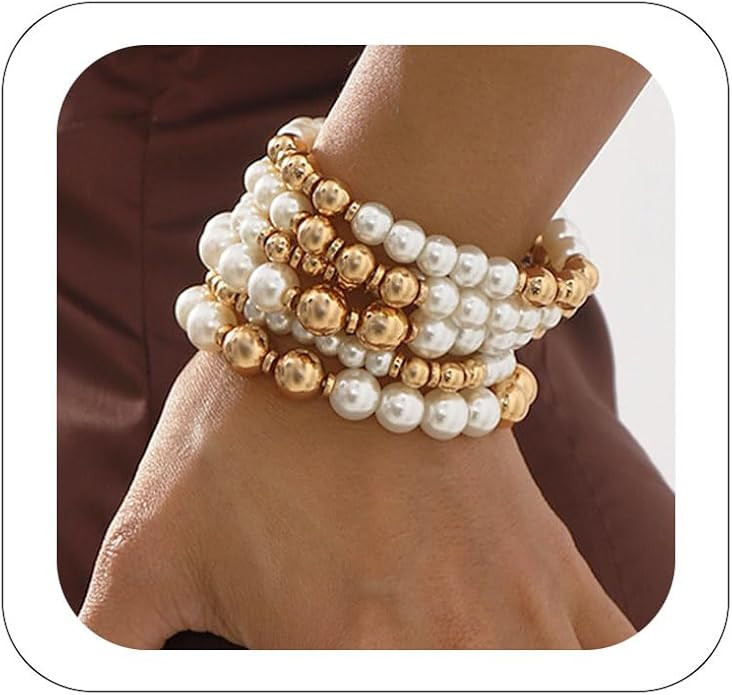 Gold Bracelets for Women Gold Stretch Bead Ball Bracelet Stack Set Hypoallergenic Stackable Beade... | Amazon (US)