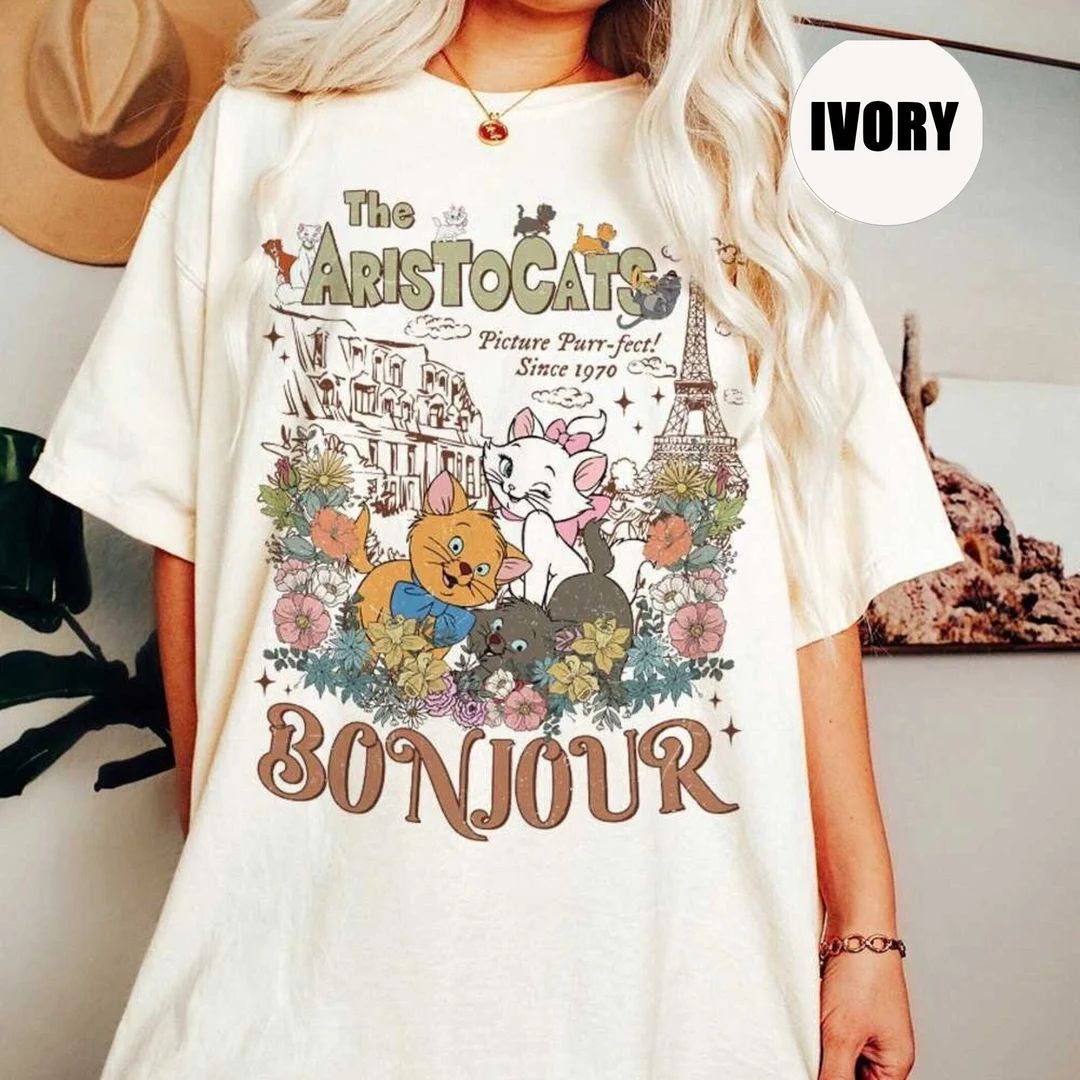 Vintage Aristocats Bonjour Comfort Colors Shirt, Floral Aristocats Shirt, Disney Cats Shirt, Mari... | Etsy (US)