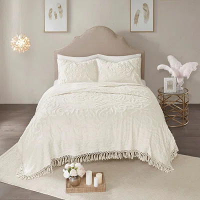 Tufted Cotton Chenille Bedding Set, Off-white, Boho Design, All-season Comfort | Wayfair North America
