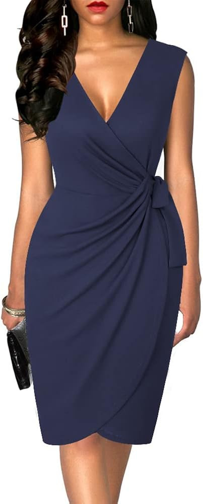 oten Womens Sleeveless Deep V Neck Sheath Knee Length Cocktail Party Work Faux Wrap Formal Dress | Amazon (US)