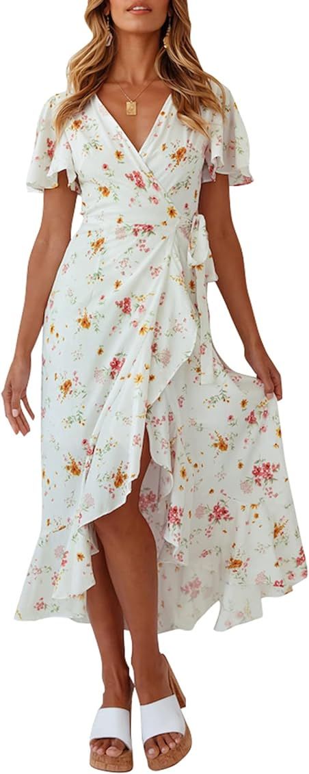 ZESICA Women's Summer Bohemian Floral Printed Wrap V Neck Beach Party Flowy Ruffle Midi Dress | Amazon (US)