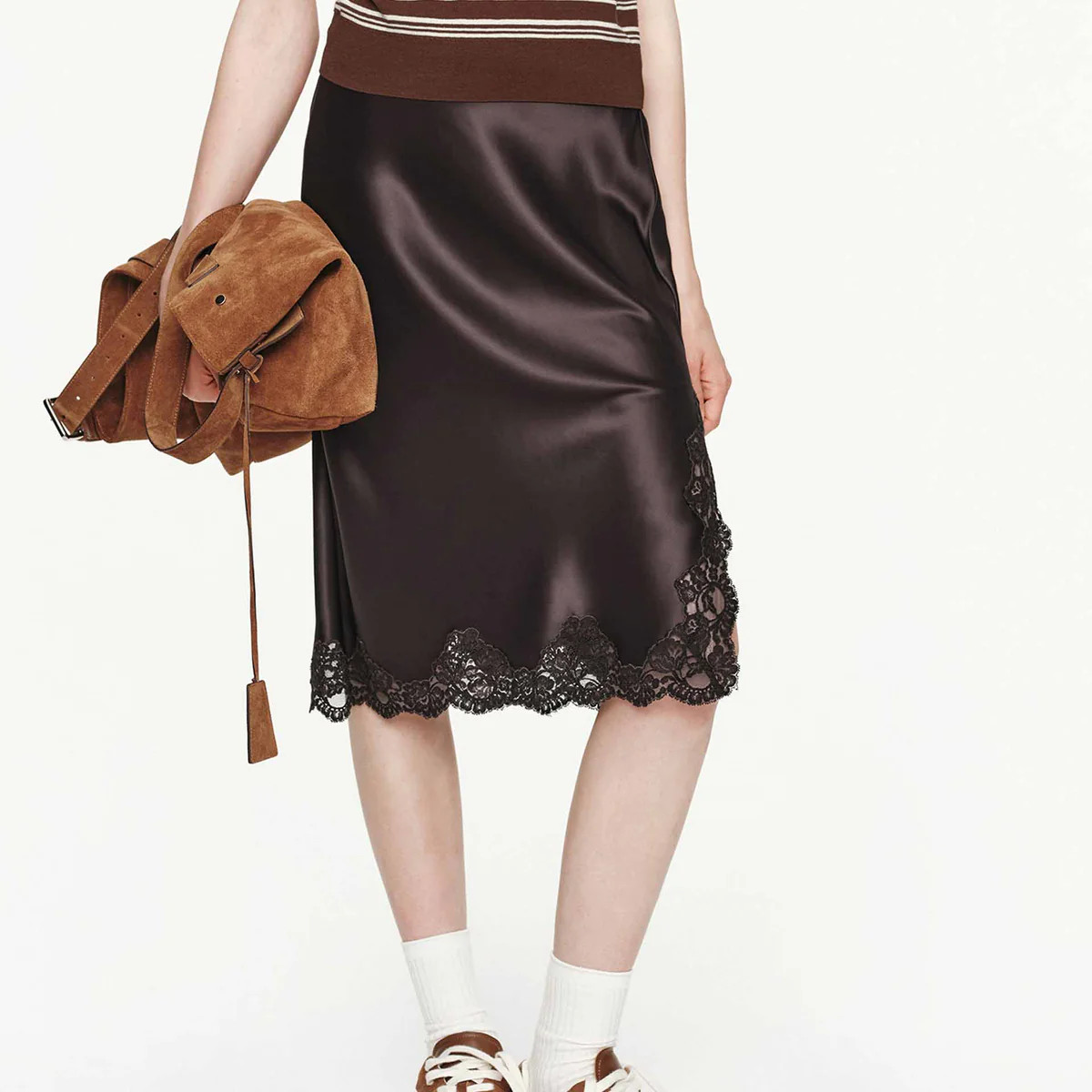 MO&Co. Women's Lace Hem Satin Skirt | MO&Co.