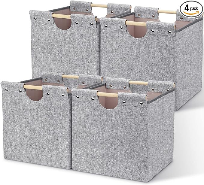 Posprica 13x13x13 Storage Cube Bins, Fabric Foldable Storage Boxes with Wooden Carry Handles, Dec... | Amazon (US)