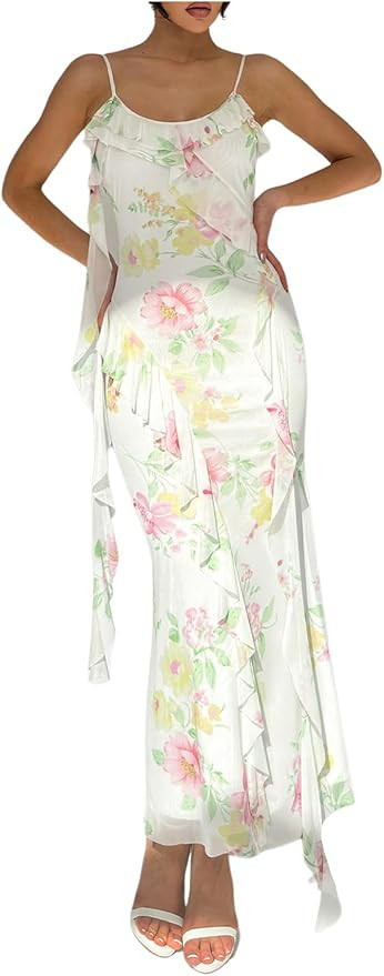 Milumia Women's Floral Mesh Ruffle Cami Dress Sexy Spaghetti Strap Bodycon Maxi Dresses | Amazon (US)