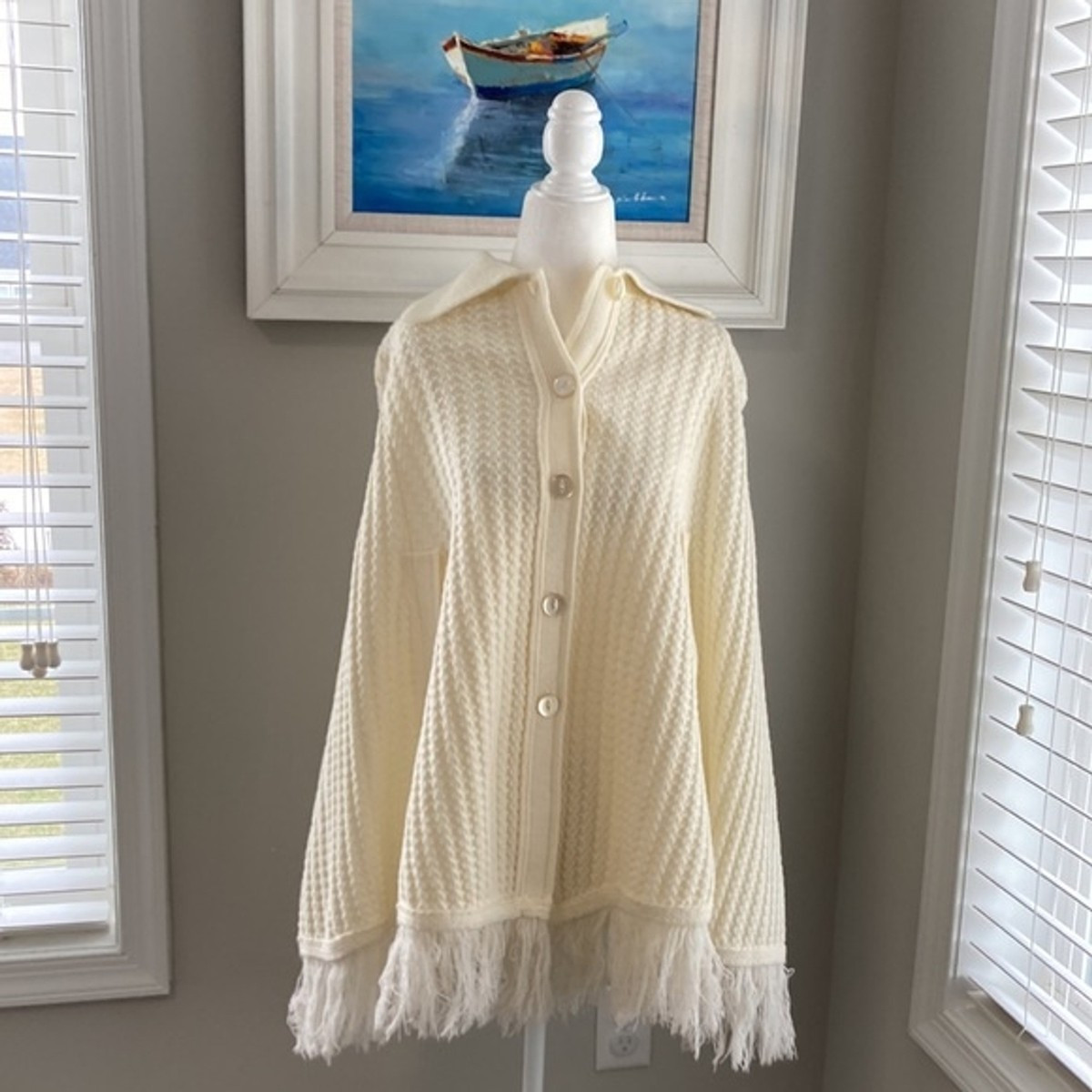 Vintage Julie Knitwear Cream Knit Poncho Fringe Sweater | eBay US