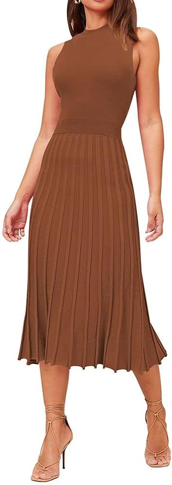 Pink Queen Women's Crew Neck Sleeveless High Waisted Bodycon Pleated Ribbed Swing Knit Midi Dress... | Amazon (US)