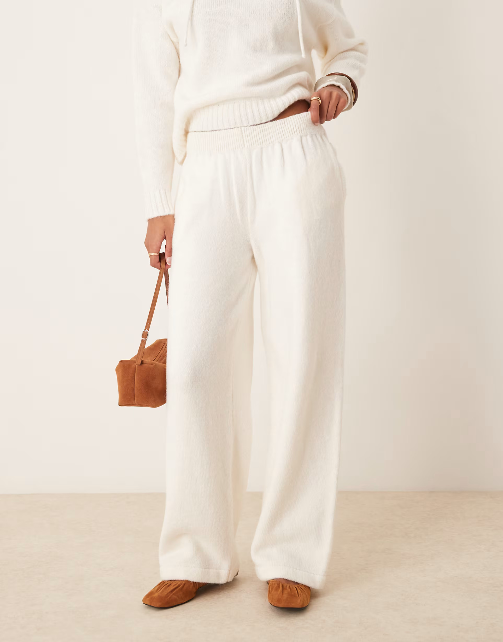 ASOS DESIGN fluffy knitted wide leg trouser co-ord in ecru | ASOS (Global)