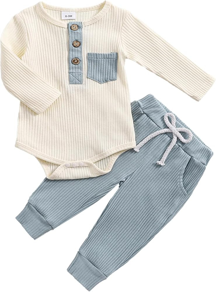 fhutpw Baby Boy Clothes 3 6 12 18 Months Ribbed Knitted Long Sleeve Romper and Pants Sets Newborn... | Amazon (US)