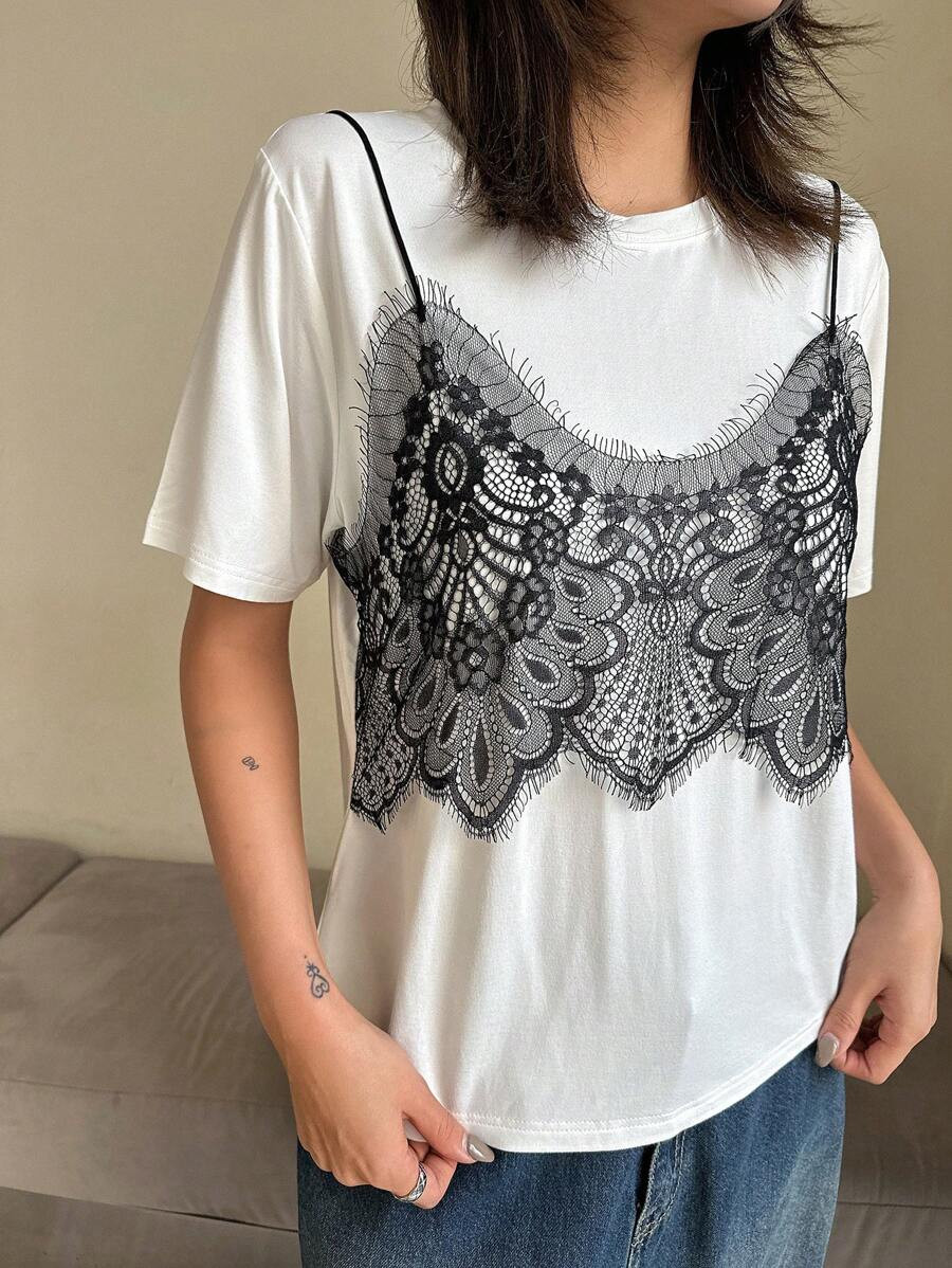 DAZY 2-In-1 Women Lace Camisole Contrast Color Short Sleeve T-Shirt Summer | SHEIN