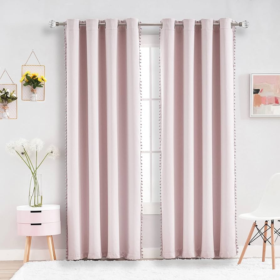 Pale Pink Pom Pom Blackout Curtains Bedroom Thermal Curtains 84 Inches Length for Girls Room,Nois... | Amazon (US)