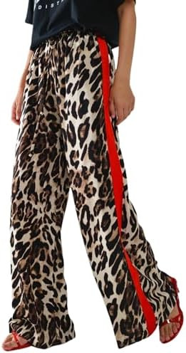 Women's Casual Pants Drawstring Leopard Print Color Block Side Striped Straight Leg Wide Leg Loos... | Amazon (US)