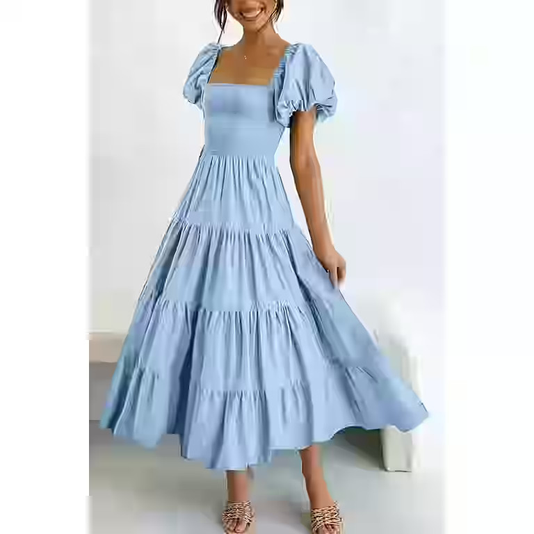 Women's Summer Short Puff Sleeve Smocked Dress Square Neck Long Dresses | Walmart (US)