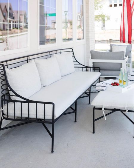 The best outdoor patio sofa! I love the black iron frame and white contrast. Great for patio or backyard. On sale for 25% off! 

#LTKhome #LTKstyletip