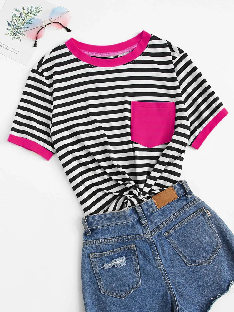 SHEIN EZwear Striped Patch Pocket Ringer Tee | SHEIN