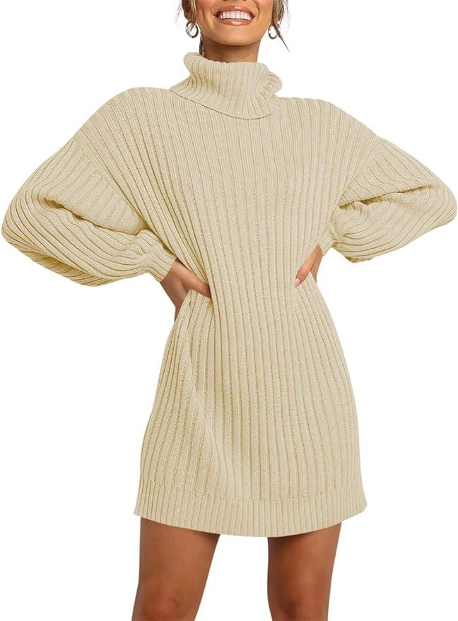 Margrine Women Turtleneck Long Lantern Sleeve Casual Loose Oversized Sweater Dress Soft Warm Pull... | Amazon (US)
