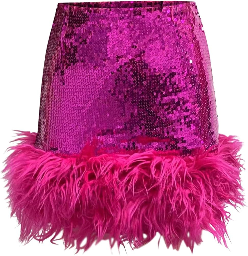 Womens Black Sequin Bag Hip Skirt Sexy Half Body Skirt High Waist Slim Furry Stage Costume Skirt Party Carnival | Amazon (US)