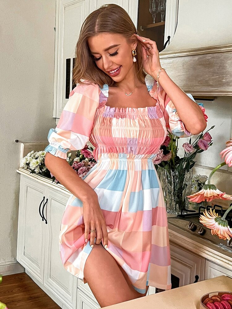 Plaid Ruched Frill Backless A-line Dress | SHEIN