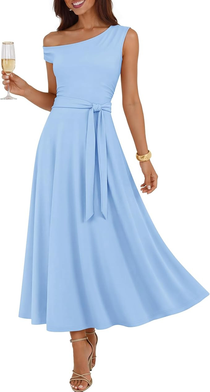 ZESICA Womens Summer One Shoulder Cocktail Maxi Dress 2026 Formal Sleeveless Flowy Wedding Guest ... | Amazon (US)