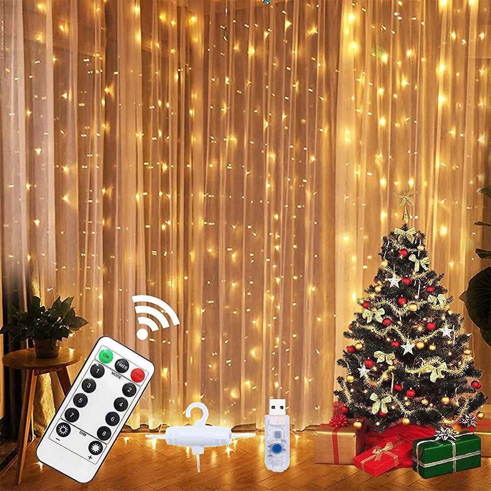 Christmas Decorations USB 2Pcs 300 LED Curtain Lights with Remote Control 9.8FTx 9.8FT 8 Mode Wal... | Amazon (US)