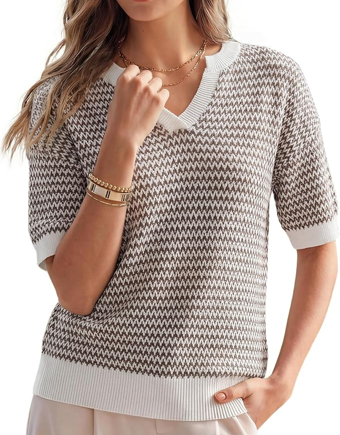 Arach&Cloz Women's 100% Cotton Polo V Neck Striped Short Sleeve Spring Casual Pullover Sweaters 2... | Amazon (US)