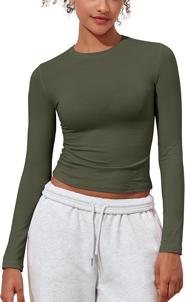 PrettyGuide Women's Cotton Jersey Long Sleeve Shirts Tight Fit Crewneck Crop Tops Basic Fall Goin... | Amazon (US)