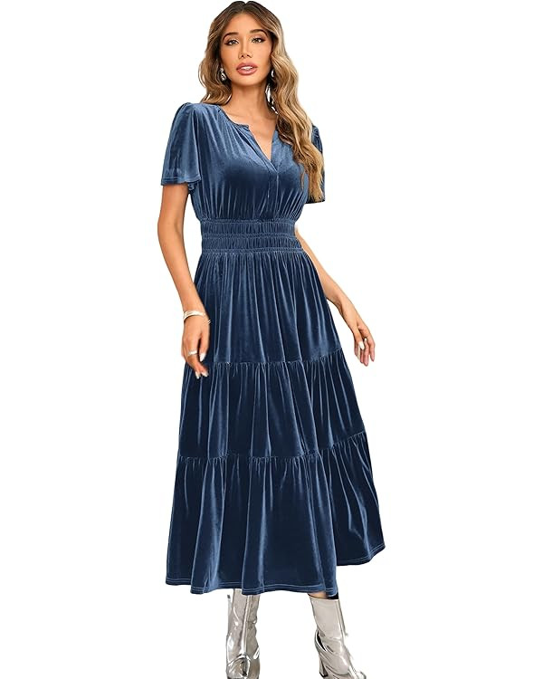 R.Vivimos Women's Fall Winter Vintage Velvet Dress Short Sleeve V Neck Elastic Waist Tiered Ruffl... | Amazon (US)