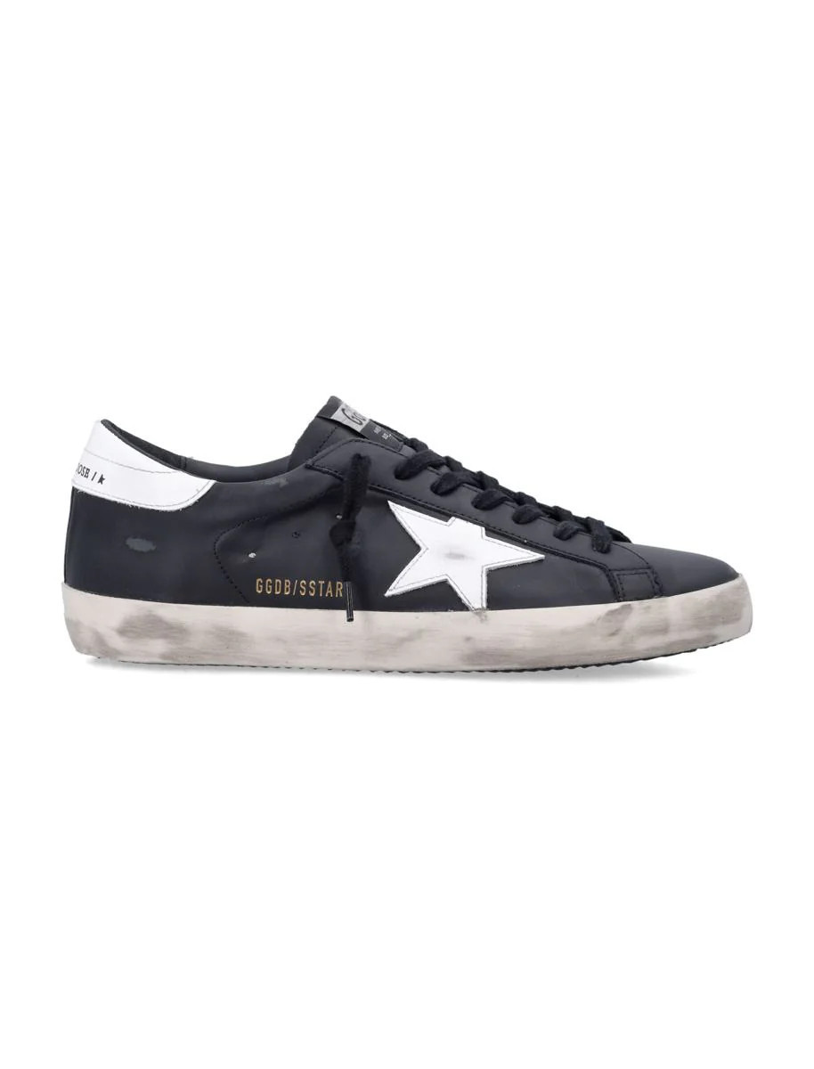 Golden Goose Super-Star Black Leather Sneakers With White Star | Baltini