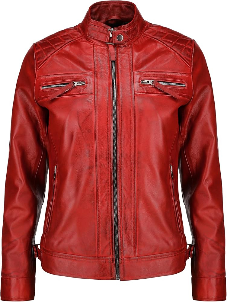 Café Racer Leather Jacket Women - Zip Up Moto Biker Style Casual Fashion Real Lambskin Women's L... | Amazon (US)
