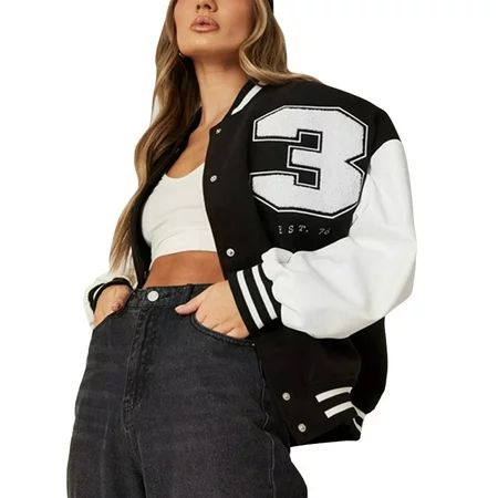 Dmagnates Baseball Jacket Letter Embroidery Patchwork Buttoned Oversized Varsity Bomber Coat Women C | Walmart (US)