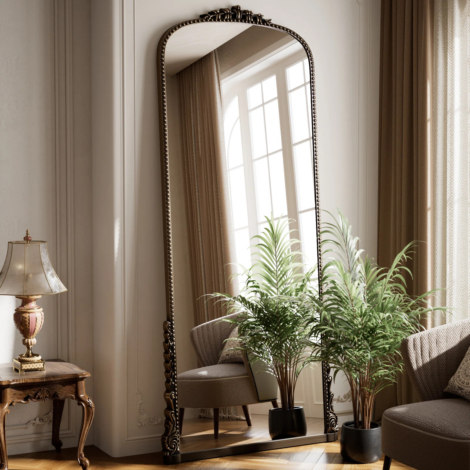 Vintage Full Length Mirror Arched Standing Floor Mirror Full Body Mirror With PU Frame | Wayfair North America