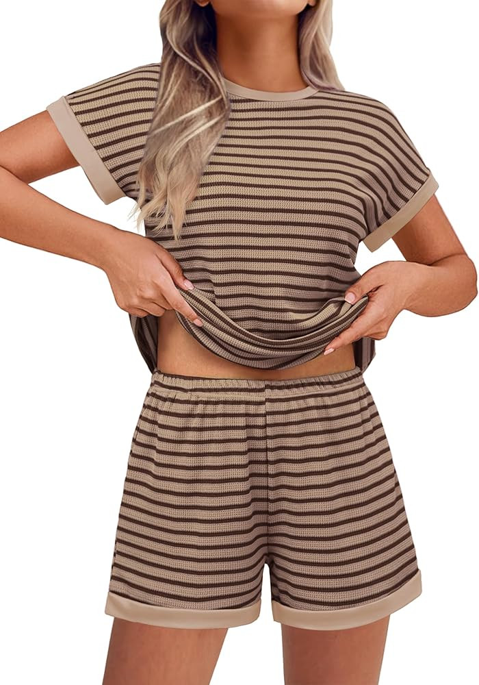 EKOUAER 2 Piece Sets for Women Summer Outfits Cute Stripe Knit T Shirts Shorts Matching Lounge Se... | Amazon (US)