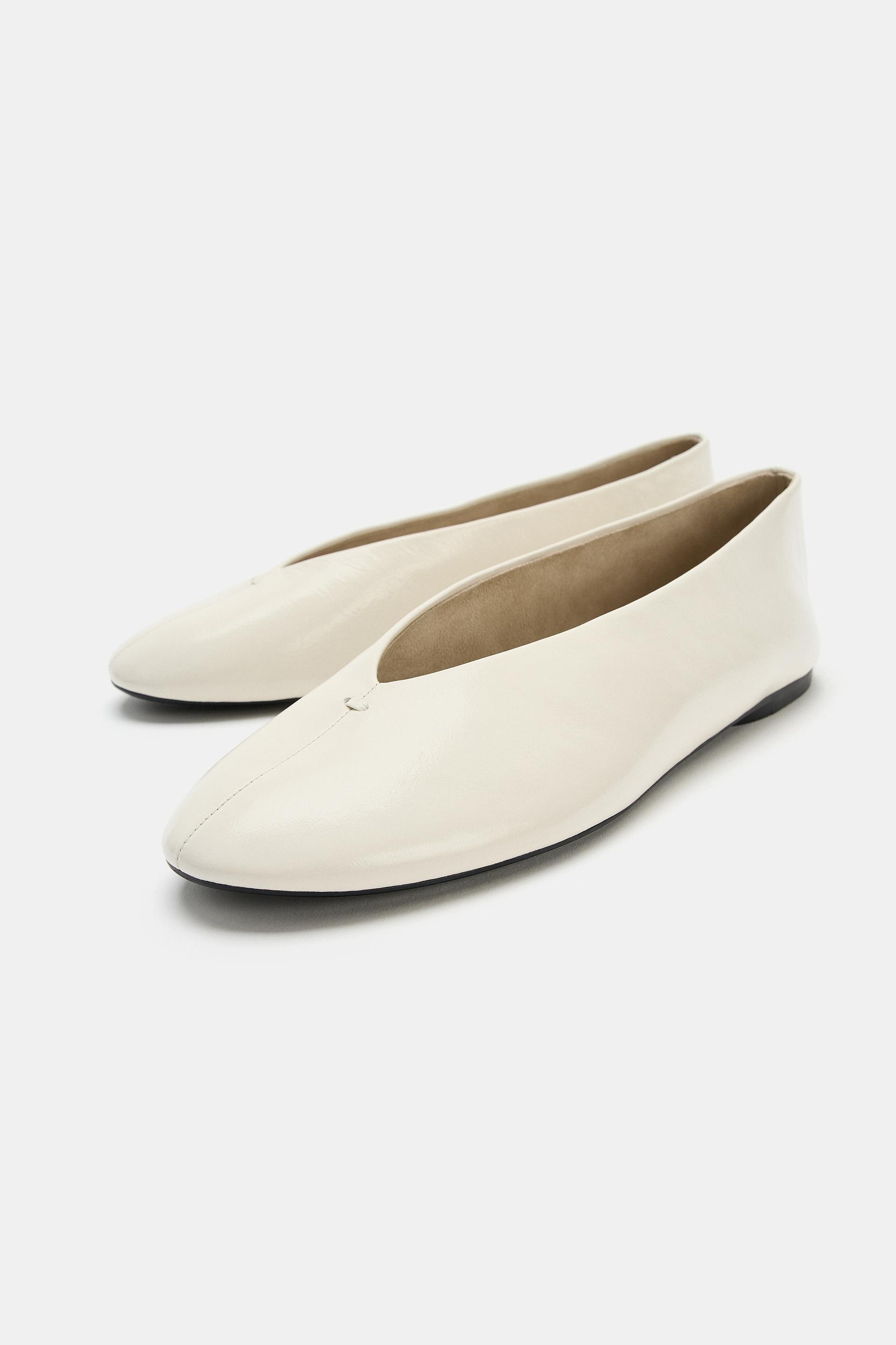 Zara - Leather Ballet Flats - Off White - 7½ - Woman | Zara US