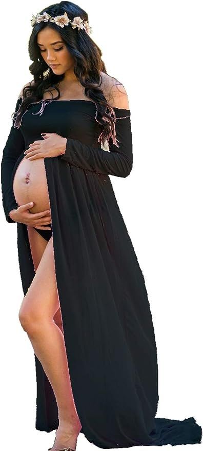ZIUMUDY Maternity Maxi Chiffon Photography Dress Split Front Gown for Photoshoot | Amazon (US)